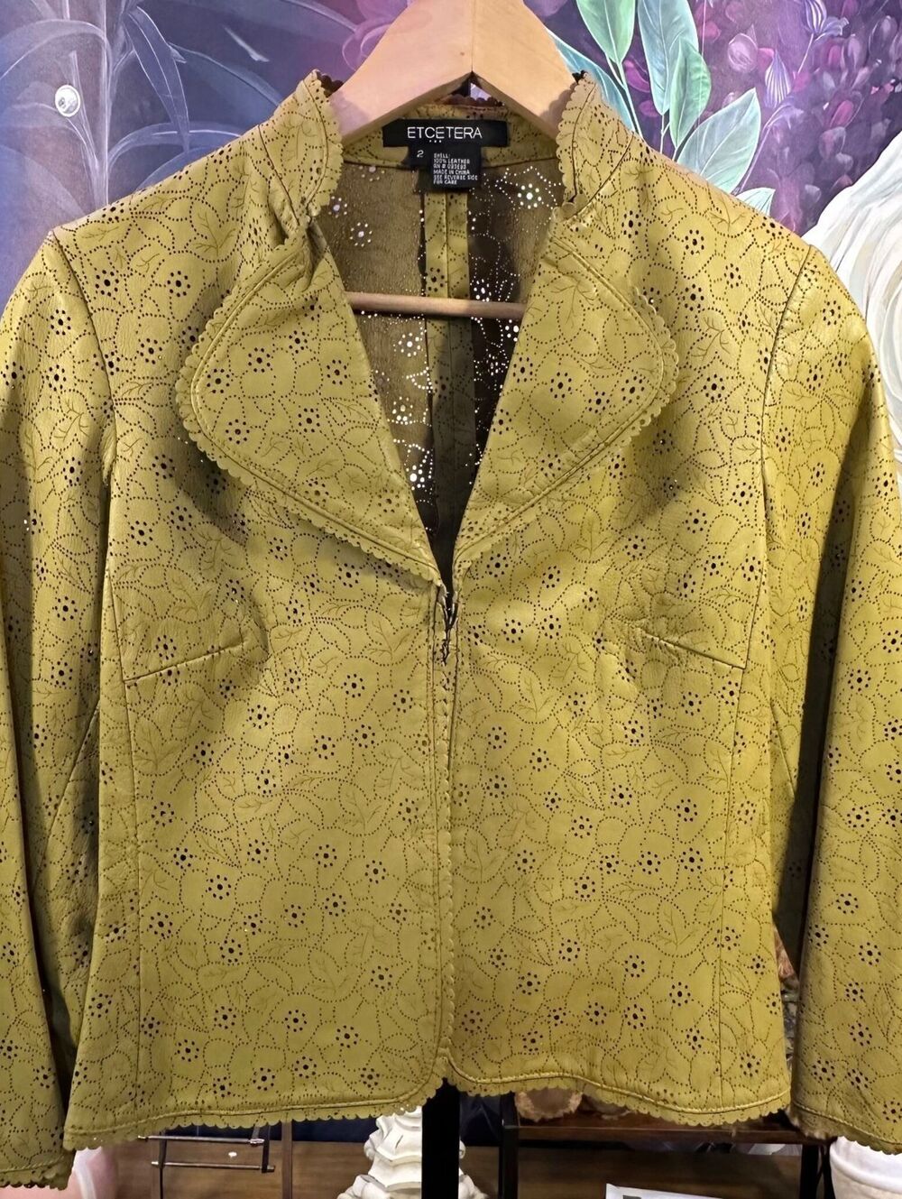 Etcetera Size 2 100% Leather Floral Cutout Blazer Jacket Boho Artsy Olive Green